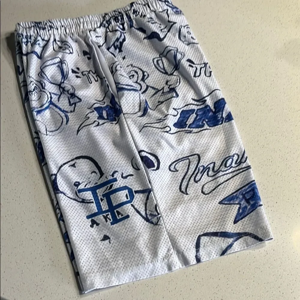 Inaka Power White Graphic Mesh Shorts with Navy Design Mens L